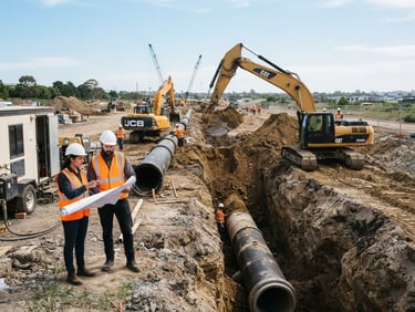 Wide shot of heavy machinery excavating a deep trench for a large-diameter water pipeline, engineers in high-visibility orange vests reviewing blueprints on-site, bright natural daylight, industrial construction site, 35mm