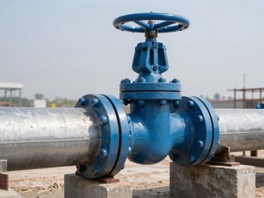 Industrial blue cast iron gate valve installed on a steel pipeline, detailed technical joint, outdoor daylight.