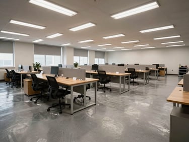 Wide-angle view of a cleaned open-plan office interior, rows of empty desks under fluorescent overcast light, hard floors recently mopped, supply cart visible in the far corner, sharp focus on the floor surface, no people