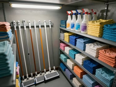 Close overhead angle of an organized commercial supply closet: mop handles racked by size, labelled spray bottles arranged on metal shelving, folded microfiber cloths stacked by color, harsh overhead fluorescent light casting sharp shadows, no people present, industrial facility setting