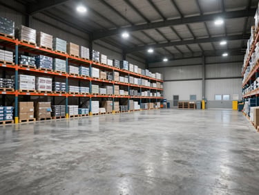 Wide environmental shot of a clean industrial warehouse bay, concrete floor freshly swept, organized supply shelving along the left wall under harsh overhead industrial lighting, empty pallet area in the center, no workers in frame