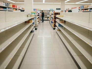 Overhead angle of a retail store floor after cleaning, wide aisles polished under bright overhead retail lighting, empty shelving units visible, no customers, a uniformed worker in the far background restocking a supply shelf