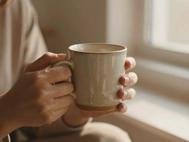 Close-up of hands holding a warm ceramic mug in a sun-drenched room, soft focus, muted desert tones, 35mm