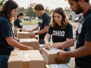 Candid medium shot of Ohio volunteers organizing a local donation drive outdoors, packing boxes of supplies, natural overcast daylight, 35mm film aesthetic