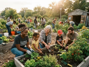 Candid documentary shot of Ohio volunteers and local families working together in a sunny community garden, warm golden-hour light, 35mm film aesthetic
