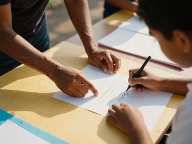 Close-up of hands of a volunteer and a young student organizing papers and writing on a colorful poster board during a community workshop, warm organic tones.
