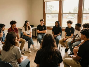 Candid medium shot of a diverse group of Ohio youth sitting in a circle in a warm community room, sharing ideas during a leadership workshop, soft natural window light.