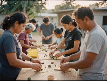 Candid documentary photograph of local families collaborating in a community workshop, warm golden-hour light, organic tones, authentic emotions, 35mm film aesthetic