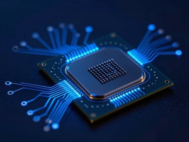 Extreme close-up macro of high-end server processor circuitry, glowing electric blue traces, high-contrast cool studio lighting, deep navy background.