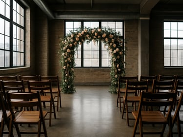 Close-up environmental photograph of a wedding ceremony aisle inside a Chicago loft venue — an arch of garden roses and hanging amaranthus frames the far end, shot from behind empty wooden chairs, existing afternoon daylight through warehouse windows, cool-toned and structurally precise, no guests present