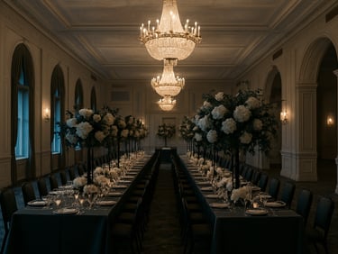 Wide environmental photograph of an empty gala ballroom on Chicago's Gold Coast — a long central table set with tall sculptural floral columns of white peonies and dark foliage, shot from the far end of the room with ambient evening light from overhead chandeliers, no guests, editorial and cool-toned, full installation visible in context