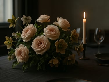 Close editorial photograph inside a West Loop private dining room before an intimate dinner — a low, dense centerpiece of garden roses at 80% bloom and trailing hellebores sits on a dark linen tablecloth, existing candlelight and soft window ambient, shot tight from a low angle to reveal structural depth and negative space within the arrangement