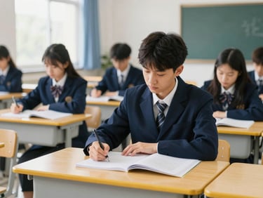 A focused adult student studying teaching materials in a modern classroom, bright natural daylight, deep navy and gold accents, clean modern campus setting, 35mm lens