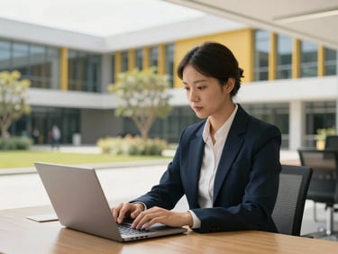 A professional working on a laptop in a modern executive office, over-the-shoulder shot, bright natural daylight, deep navy and gold accents, clean modern campus setting, 35mm lens