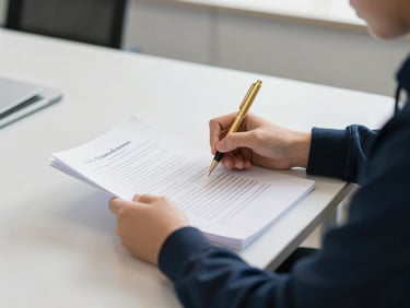 A close-up of a student's hands reviewing academic documents, with a gold pen, on a clean, modern desk under natural daylight. Editorial academic photography, bright natural daylight, deep navy and gold accents, clean modern campus setting, 35mm lens.