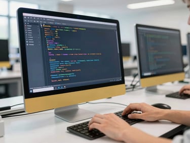Close-up of hands coding on a computer screen in a clean tech lab, bright natural daylight, deep navy and gold accents, clean modern campus setting, 35mm lens