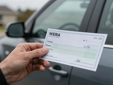Close-up of a hand holding a paper check against a car door in a driveway, morning overcast light, fingers visible, document edge sharp in foreground