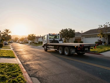 Wide shot of a flatbed tow truck pulling away from an empty residential driveway in California morning light, driveway clear, truck in motion toward the street, golden directional sun on asphalt