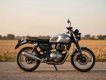 Side profile of a classic silver and black motorcycle parked on a quiet country road during golden hour, soft warm light highlighting the exhaust pipes and leather seat, 35mm photography.