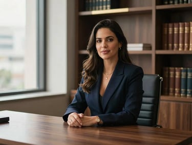 Elegant professional portrait of Dra. Fernanda Julie, a sophisticated Brazilian lawyer, sitting at a dark walnut desk in a contemporary, high-end office in São Paulo. Soft natural light from a large window illuminates her face. In the background, sophisticated bookshelves with leather-bound volumes and subtle gold accents. Warm editorial portraiture, 85mm lens, shallow depth of field.