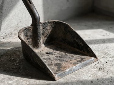 Extreme close-up of a scarred, heavy cast-iron dustpan resting on a raw concrete workshop floor, harsh direct window light casting deep shadows, gritty texture, desaturated industrial tones.