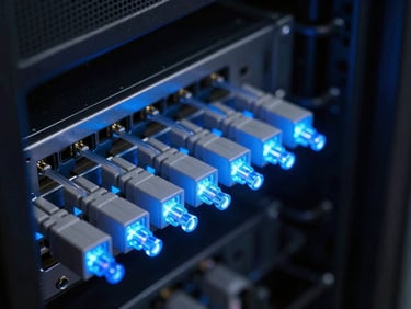 Macro photography of glowing electric blue fiber optic connectors in a dark server room, sharp focus, technical style.