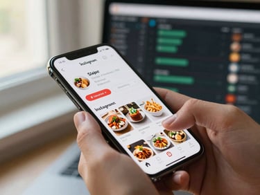 Close-up of hands scrolling through a food brand's Instagram feed on a smartphone, analytics screen visible in soft focus behind it, natural window light from the left, warm tones