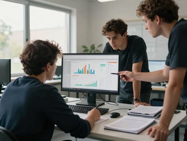Wide environmental shot inside a working studio: team member leaning over a monitor displaying an analytics dashboard with visible graphs, a second person pointing at the screen with a pen, late-afternoon window light, papers and notebooks on the desk, authentic documentary framing, no staged smiling