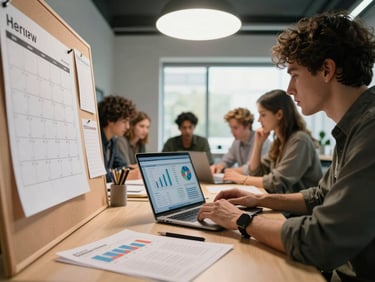 Wide shot of a content planning session at a studio table, printed editorial calendar pinned to a board on the left, a team member reviewing performance metrics on a laptop, overhead studio light mixed with natural daylight