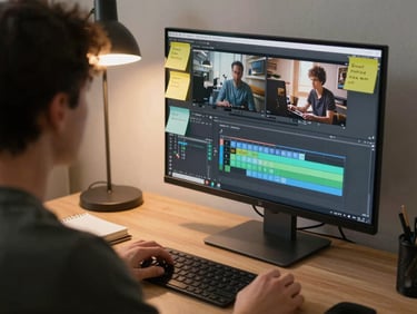 Over-the-shoulder view of a creator reviewing video editing timeline on a monitor, sticky notes with content topics visible on the desk, warm side-lit lamp light, notebook open beside the keyboard