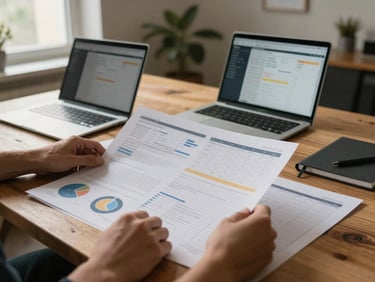Wide environmental shot inside a working studio: hands spreading printed analytics reports and a content calendar across a wooden table, laptops open showing social dashboards, warm window light from the left, natural and unposed