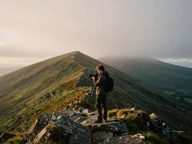 Wide cinematic landscape of a creator holding a professional camera on a dramatic misty mountain ridge in Ireland, soft natural golden-hour daylight, muted earth tones with deep green accents, 35mm film grain.