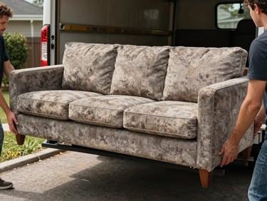 Close-up of a worn sectional sofa being lifted by two workers near a truck tailgate, outdoor residential setting, natural daylight, worn upholstery and wood legs visible