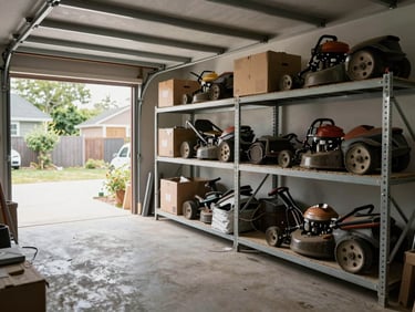 Packed residential garage interior before cleanout, shelving units, boxes, old lawnmowers and scrap metal piled high, wide environmental shot, natural daylight through the open door