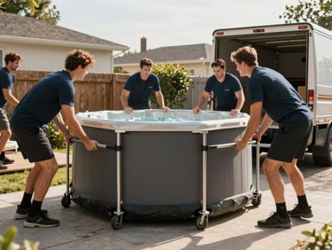 Crew members rolling a large above-ground hot tub across a backyard on dollies toward a truck, afternoon sunlight, wooden deck visible in background, wide action shot