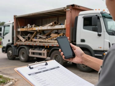 Wide shot of a junk removal crew member reviewing a phone screen beside a loaded truck, natural daylight, prices visible on a clipboard held in foreground, documentary framing
