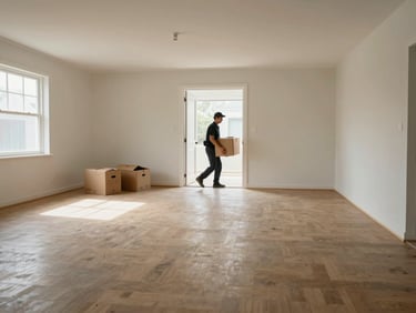 Wide shot of an empty house interior after estate cleanout, bare floors, a few remaining boxes near the doorway, crew member visible carrying the last item out, natural window light