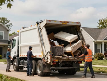 Environmental wide shot of a junk removal truck being loaded by two crew members on a residential driveway in Fargo, furniture mid-air, natural daylight, motion visible
