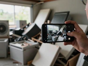Close-up of a hand holding a phone photographing a pile of broken appliances and furniture stacked in a garage, natural window light, documentary style