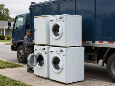 Old washing machine and broken refrigerator stacked at the curb next to a navy work truck, crew member gripping the appliance handle, overcast daylight, suburban street