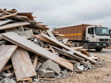 Pile of construction debris — drywall scraps, lumber offcuts, concrete chunks — stacked beside a work truck at a job site, wide environmental shot, overcast daylight