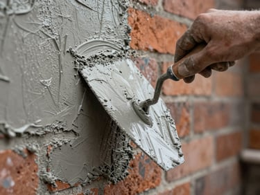 Close-up of a plasterer's trowel pressing wet render onto a brick wall, natural site light, grey render texture visible mid-application