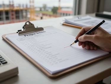 Project schedule printed on a clipboard on a site table, pencil marks and annotations visible, construction site in the background, overcast natural light