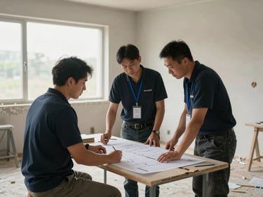Wide shot of a site coordination meeting — two workers reviewing a printed schedule on a makeshift table inside a partially renovated room, natural light through a window, no posed smiles