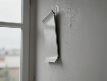 Detail shot of fresh plaster being skimmed onto a wall, overcast window light from the left, smooth grey surface emerging from textured base coat