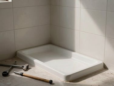 Bathroom mid-strip: tile backer board fixed to walls, new shower tray positioned, site lighting casting honest shadows, tools resting on the floor