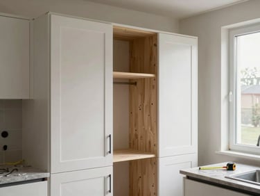 Kitchen cabinetry installation in progress, carcasses fixed to the wall but doors not yet hung, natural daylight from a window to the right, measuring tape on the worktop