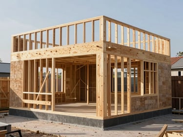 Single-storey rear extension under construction, timber frame and block work visible, open to the original house interior, daylight streaming through the new opening