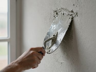 Close-up of a plasterer's trowel spreading render across a wall, fresh grey plaster texture visible, natural daylight from a window to the left