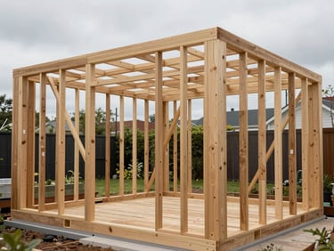 Bespoke timber garden structure under construction, frame joists visible, overcast outdoor light, garden beyond partially visible through the open wall